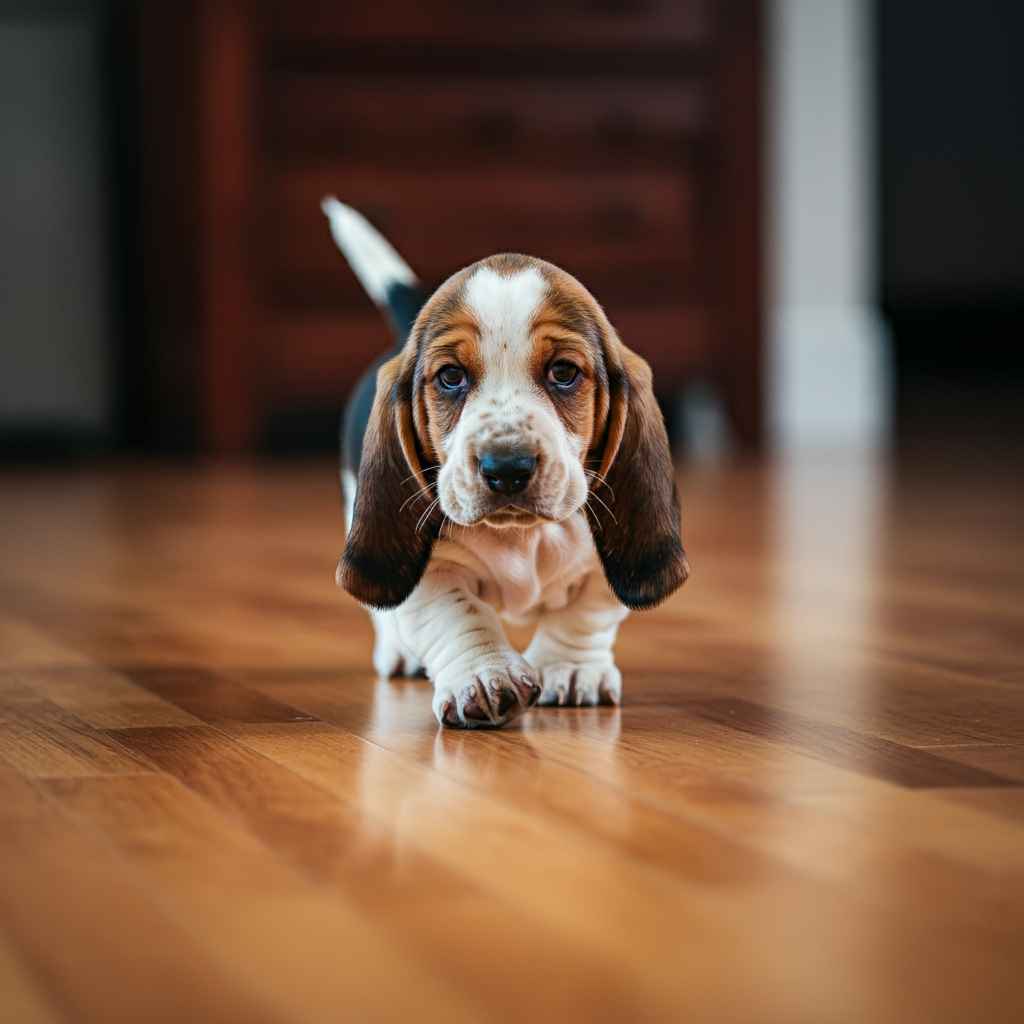 Basset Hound 10 Cachorro de Basset Hound caminando sobre el suelo de madera en casa.