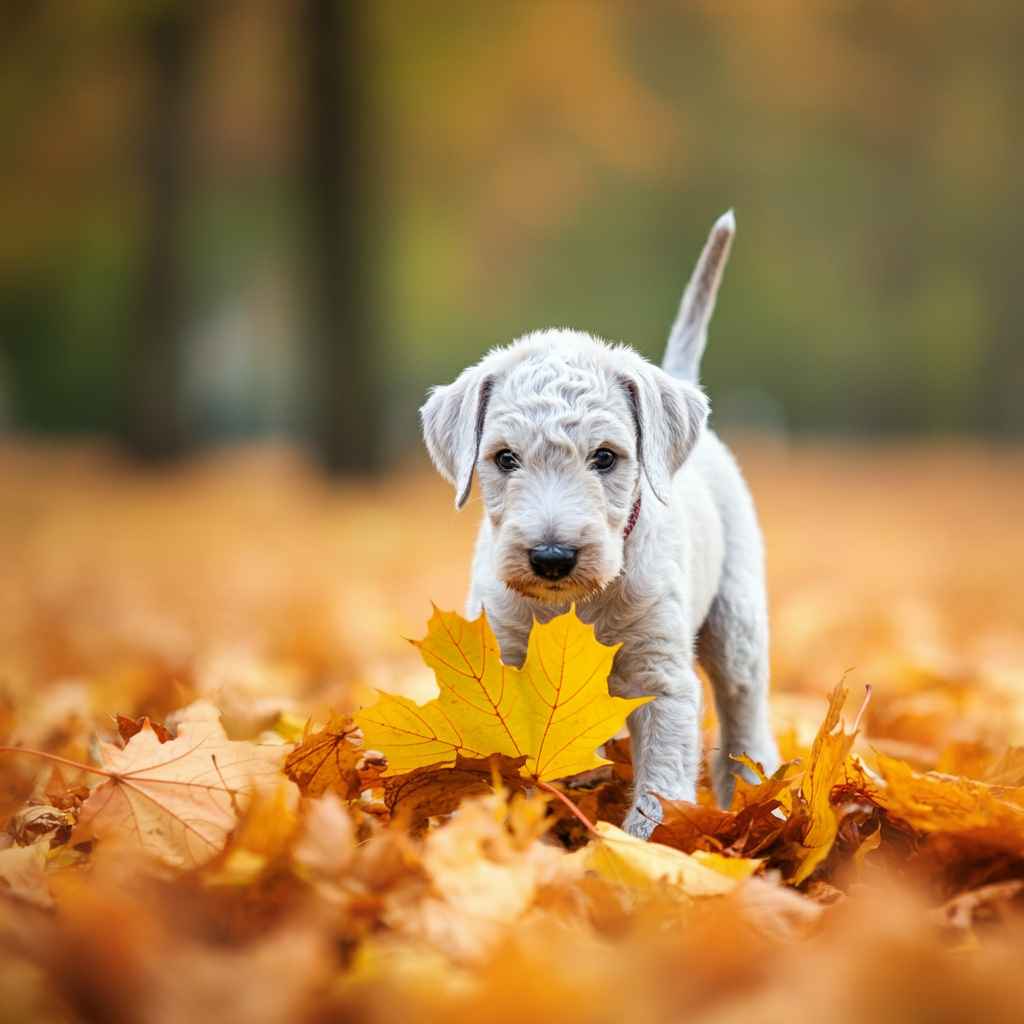 Bedlington Terrier 10 Cachorro de Bedlington Terrier jugando entre hojas de otoño.