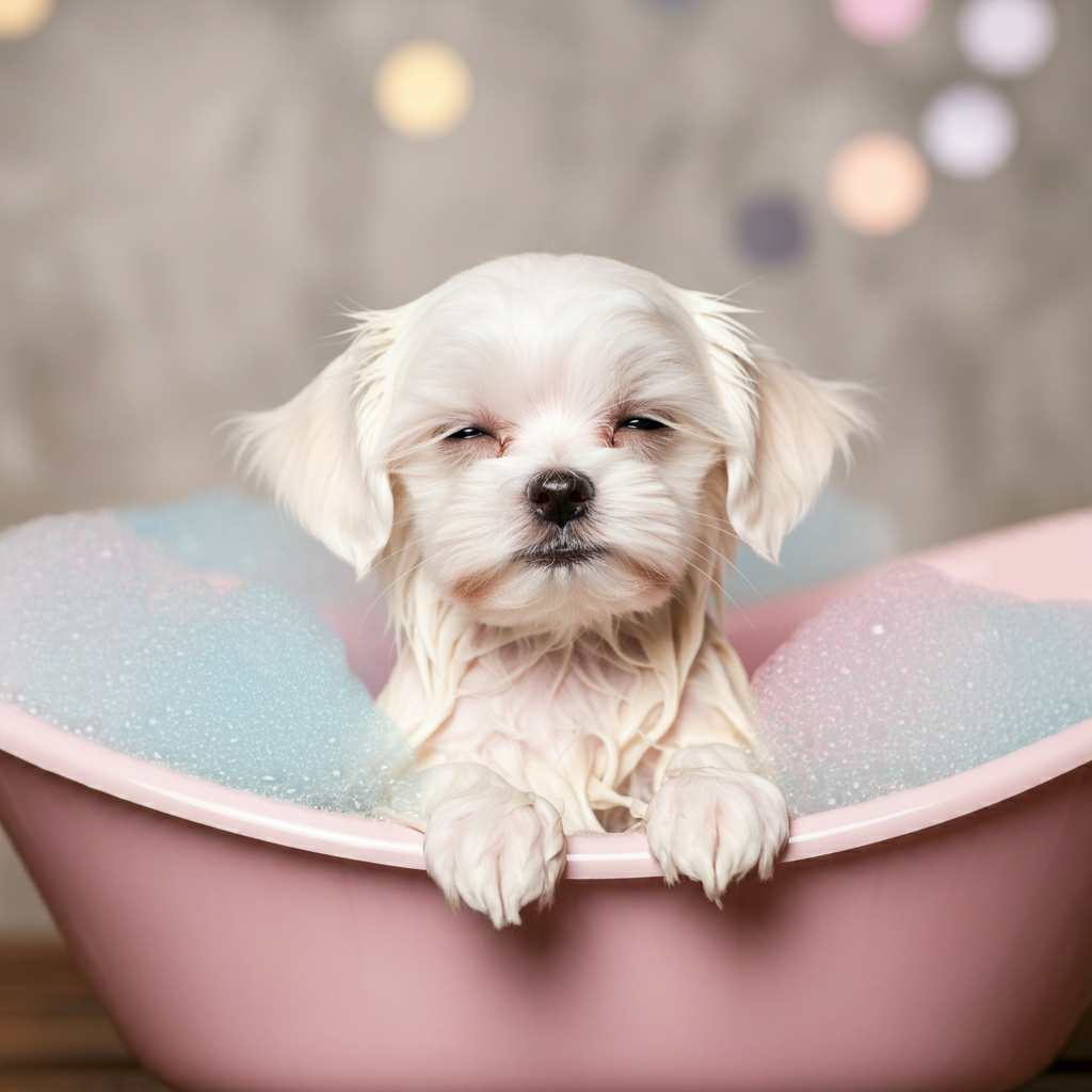 Bichón maltés 9 Cachorro de bichón maltés disfrutando de un baño de espuma en una bañera rosada.