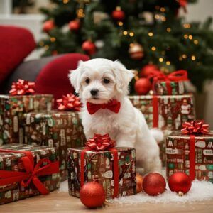 Bichón maltés 7 Cachorro de bichón maltés con lazo rojo rodeado de regalos de Navidad.