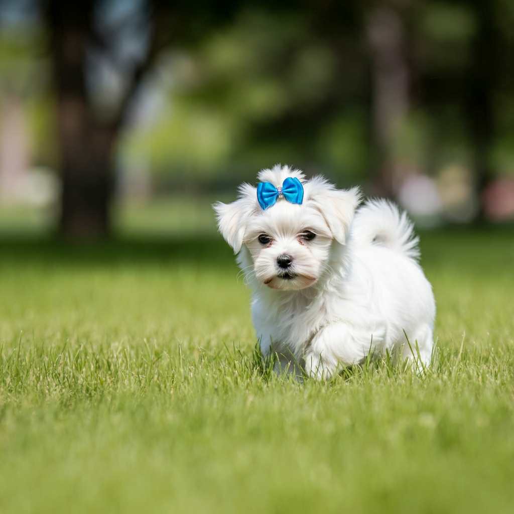 Bichón maltés 11 Cachorro de bichón maltés con lazo azul caminando en el césped.