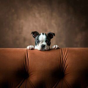Cachorro de Boston Terrier asomándose desde el respaldo de un sofá.