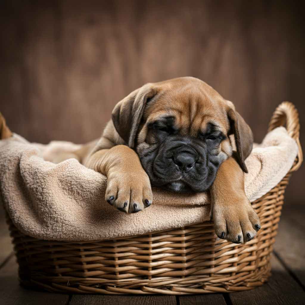 Cachorro de Bullmastiff dormido en una cesta acolchada, con expresión tierna.