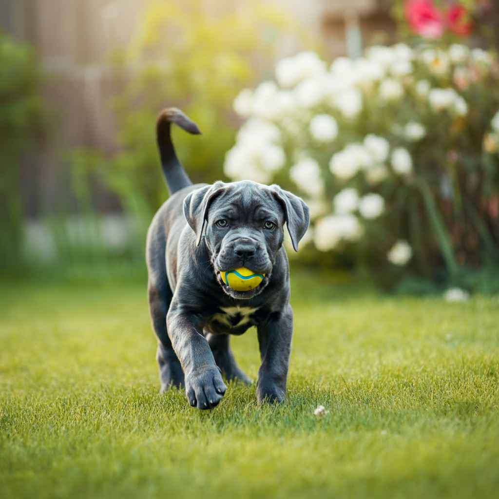 Cachorro de Cane Corso jugando con una pelota en el césped.