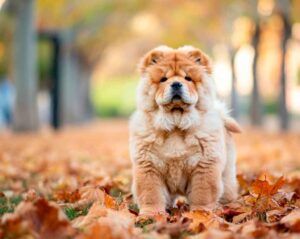 Chow Chow 11 Cachorro de Chow Chow en un parque otoñal lleno de hojas.