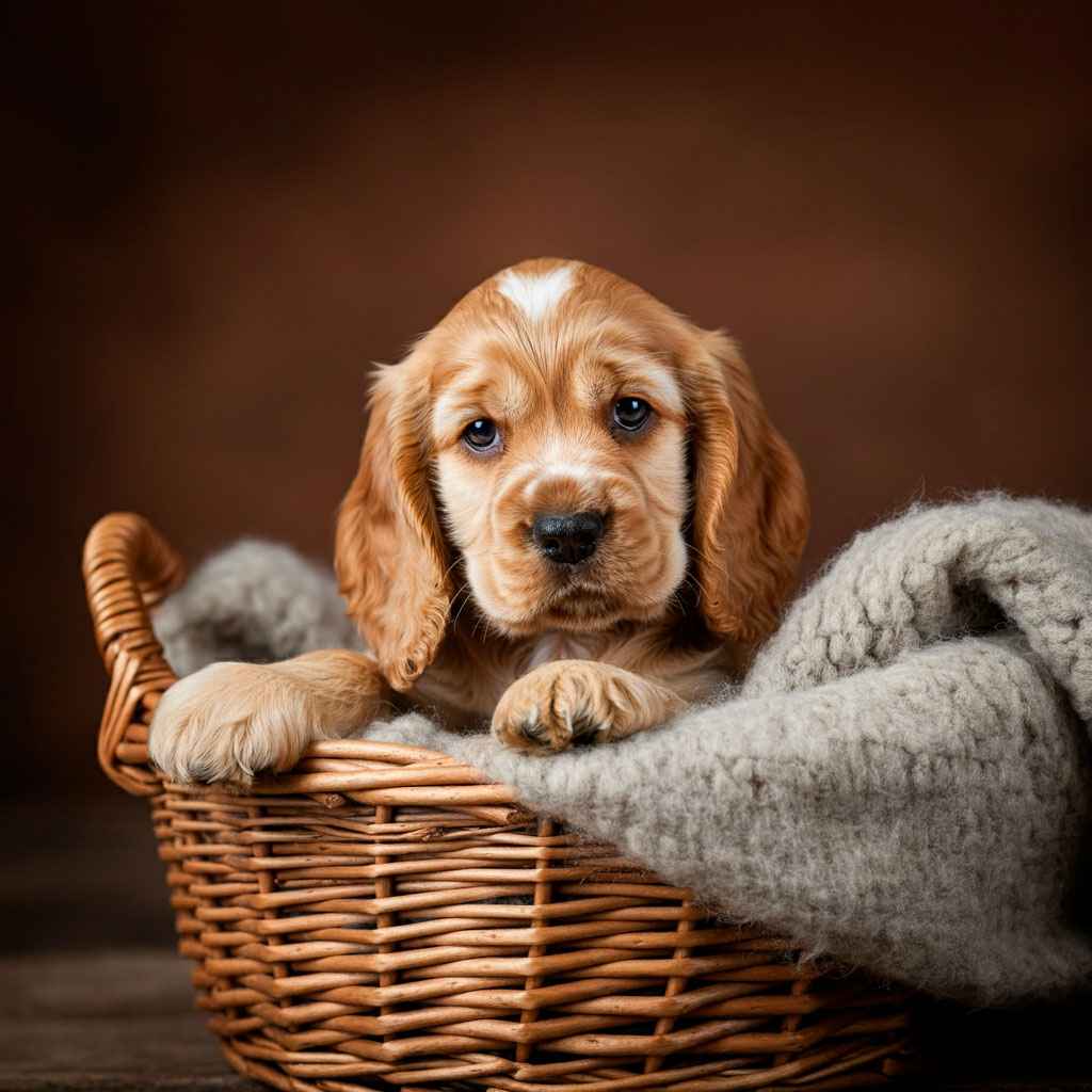 Cocker Spaniel Inglés 12 Cachorro de Cocker Spaniel inglés en una cesta con manta.