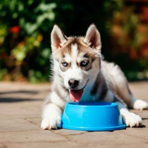 Husky Siberiano 12 Cachorro de husky siberiano bebiendo agua de un tazón azul.