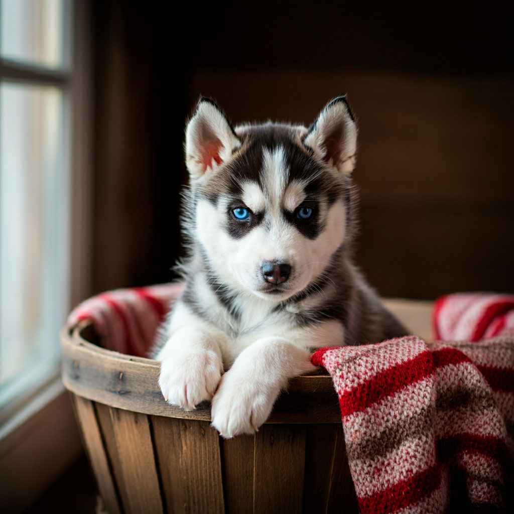 Husky Siberiano 11 Cachorro de husky siberiano en una cesta de madera.