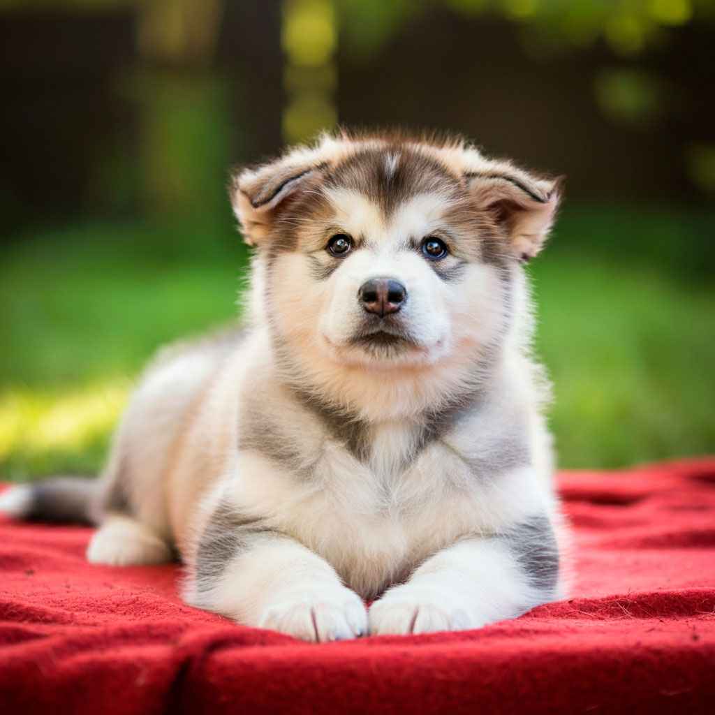 Malamute de Alaska 9 Cachorro de malamute de Alaska descansando en una manta roja.