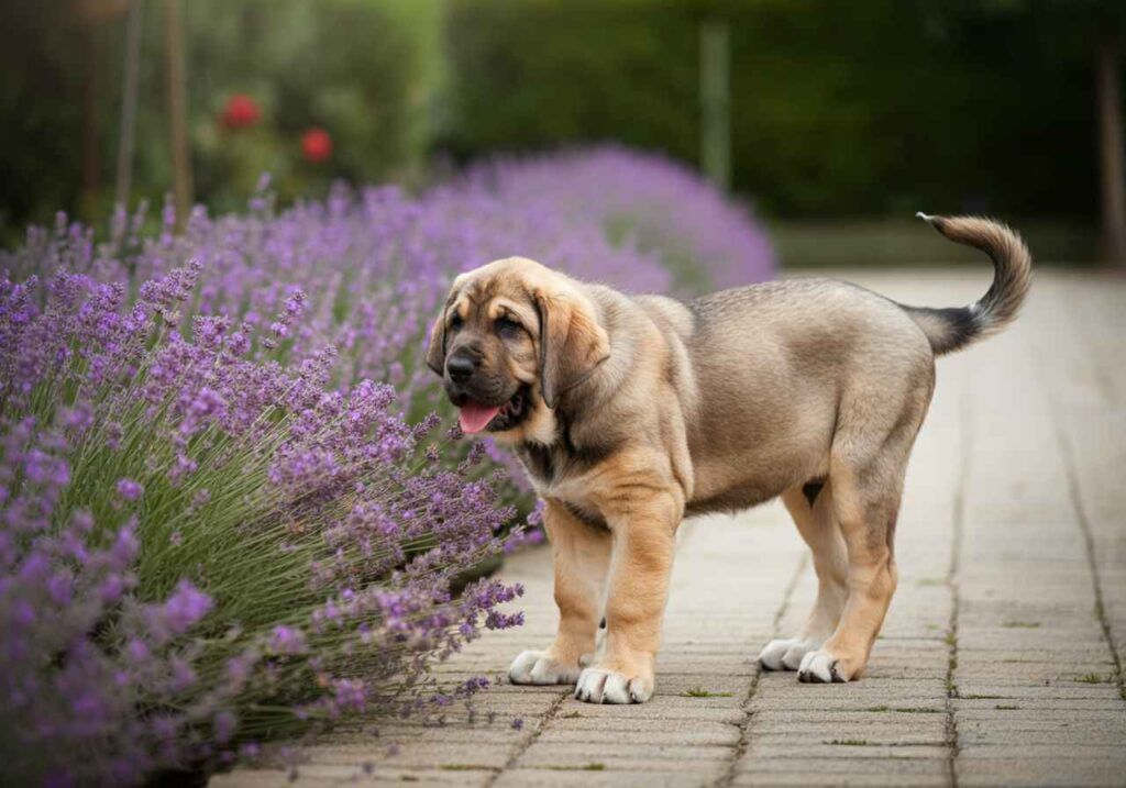 Mastín Español 10 Cachorro de Mastín Español junto a flores de lavanda.