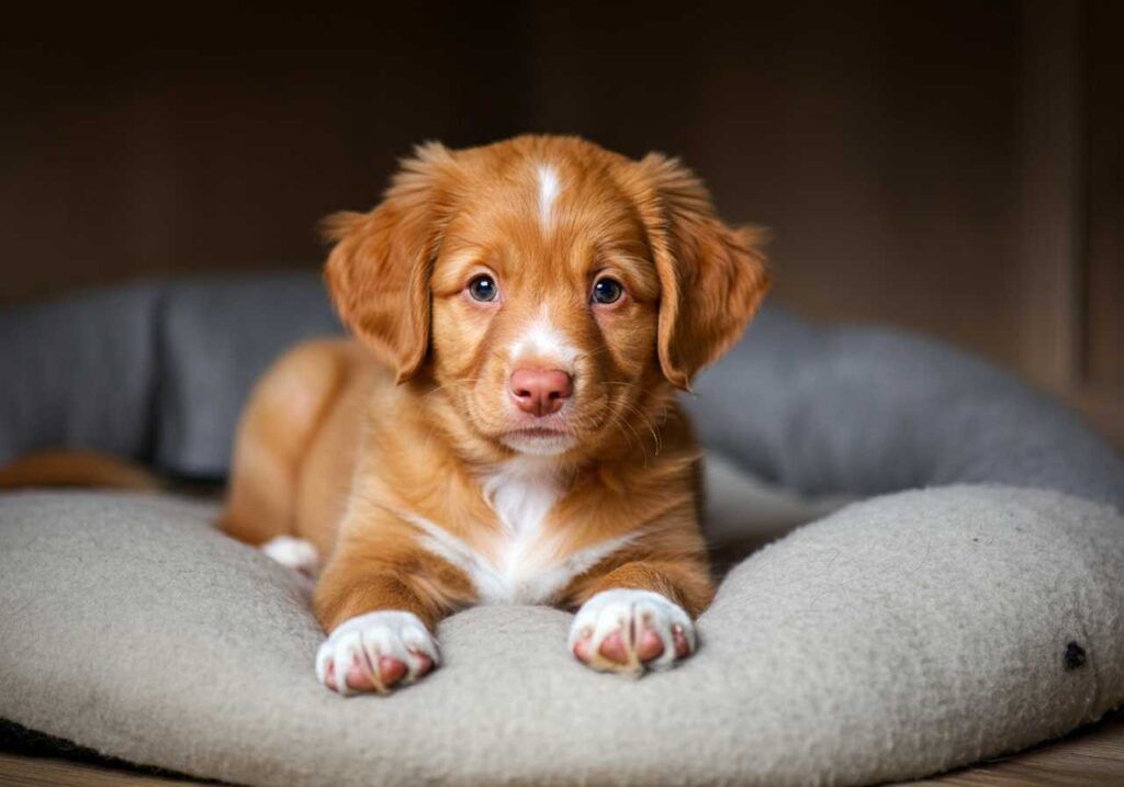 Cachorro de Retriever de Nueva Escocia acostado en una cama para perros.