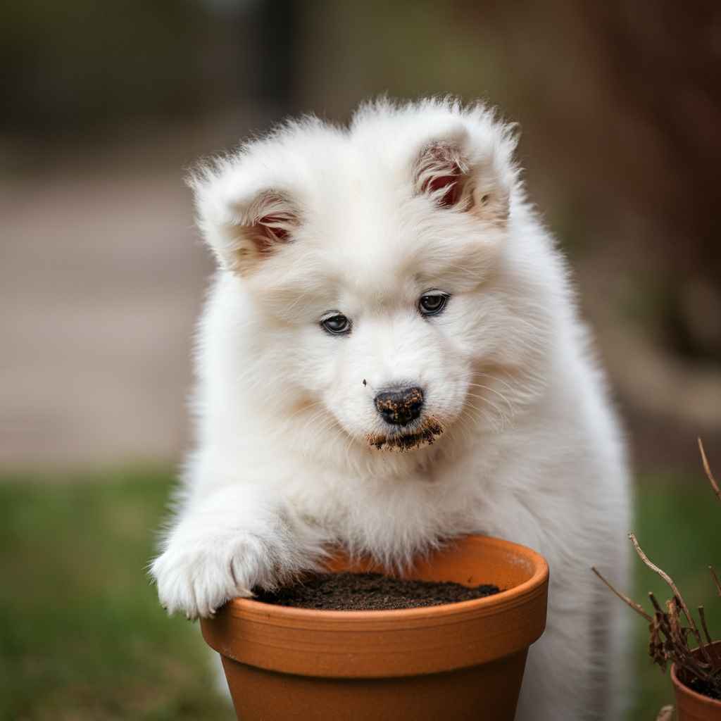 Cachorro de Samoyedo explorando una maceta en el jardín.