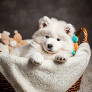 Cachorro de Samoyedo descansando dentro de una cesta con mantas.