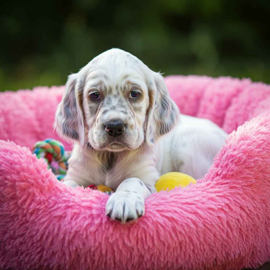 Cachorro de setter inglés descansando en una cama rosada con juguetes alrededor.