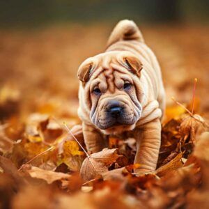 Shar Pei 10 Cachorro de Sharpei explorando hojas secas en otoño.