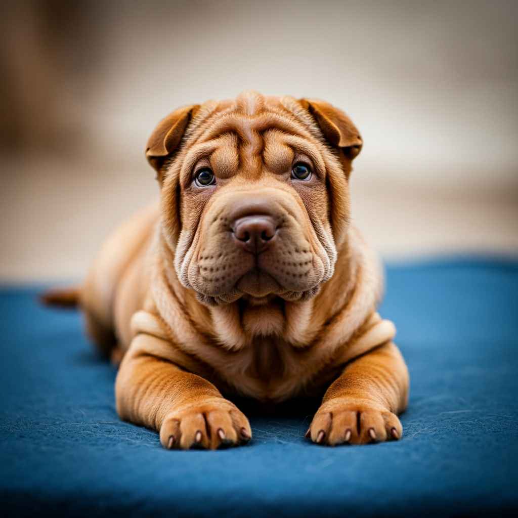 Shar Pei 9 Cachorro de Sharpei posando sobre una superficie suave.