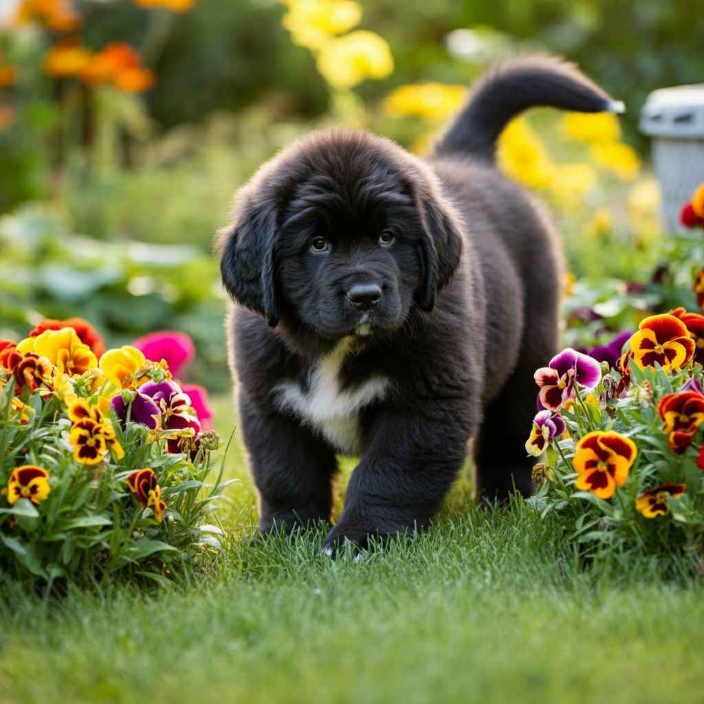 Cachorro de Terranova negro caminando en un jardín lleno de flores.