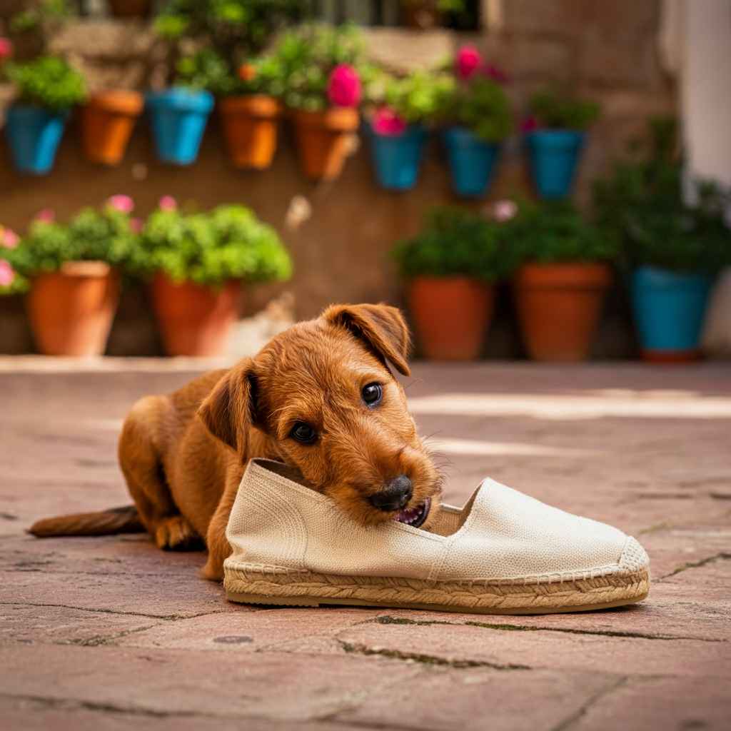 Terrier Irlandés 11 Cachorro de terrier irlandés mordiendo un zapato blanco.