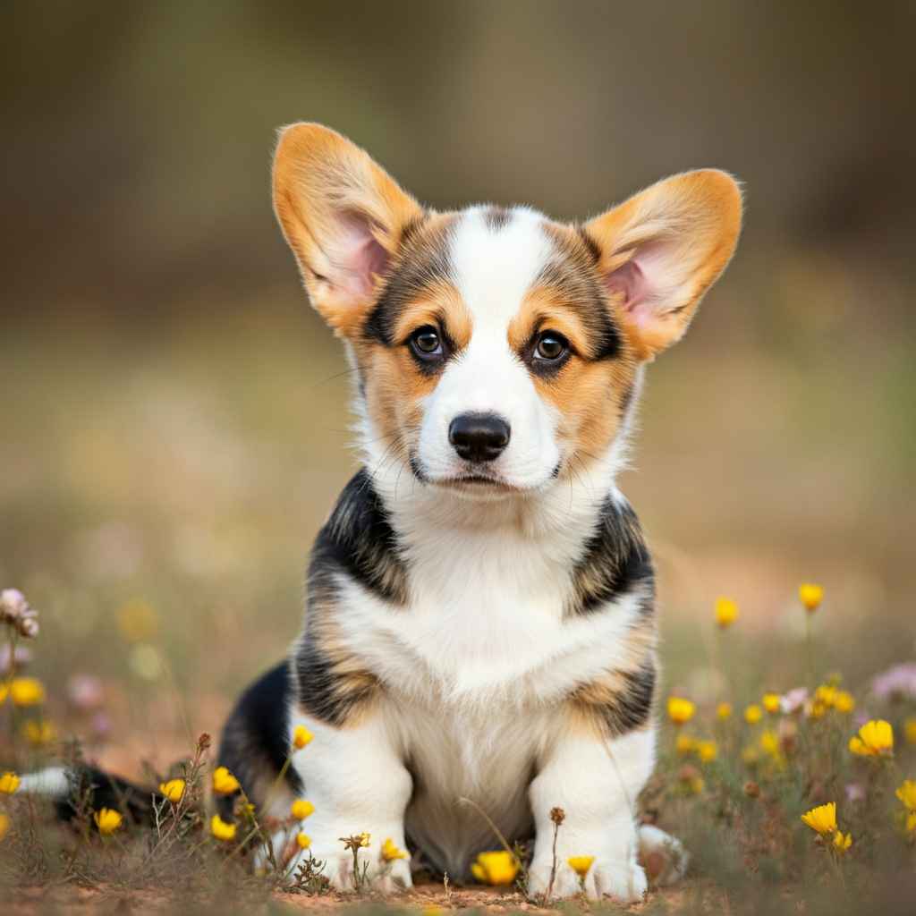 Cachorro de Welsh Corgi Pembroke sentado entre flores silvestres.