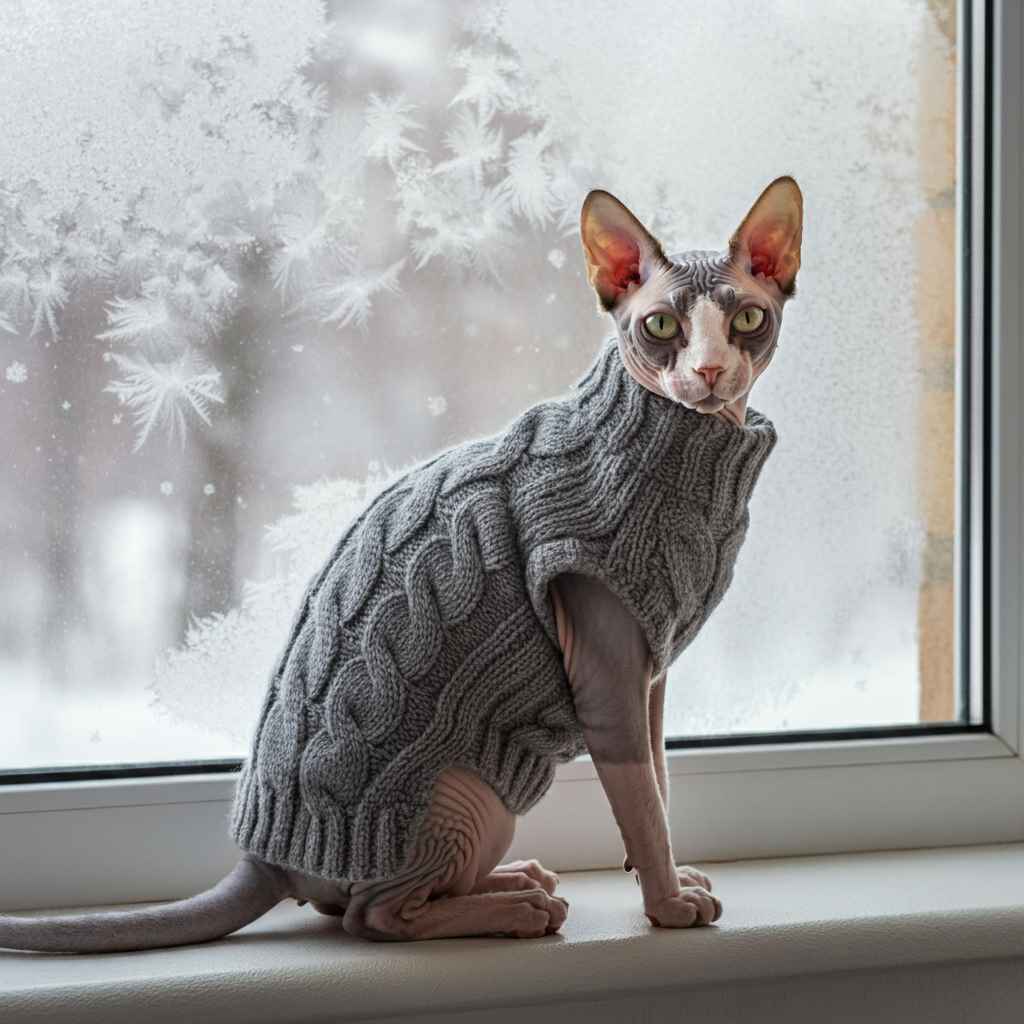 Sphynx canadiense 1 Gato canadiense Sphynx sentado junto a una ventana vistiendo un jersey gris.