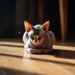 Sphynx canadiense 2 Gato canadiense Sphynx descansando en el suelo bajo la luz del sol.