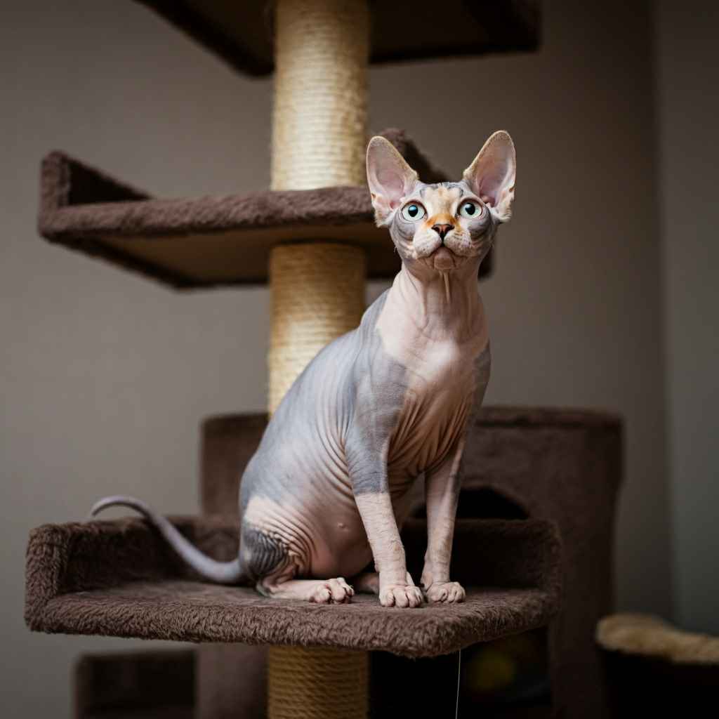 Sphynx canadiense 8 Gato canadiense Sphynx sentado en un árbol para gatos en casa.