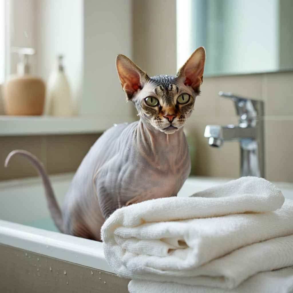 Sphynx canadiense 6 Gato canadiense Sphynx sentado en un lavabo moderno junto a toallas blancas.