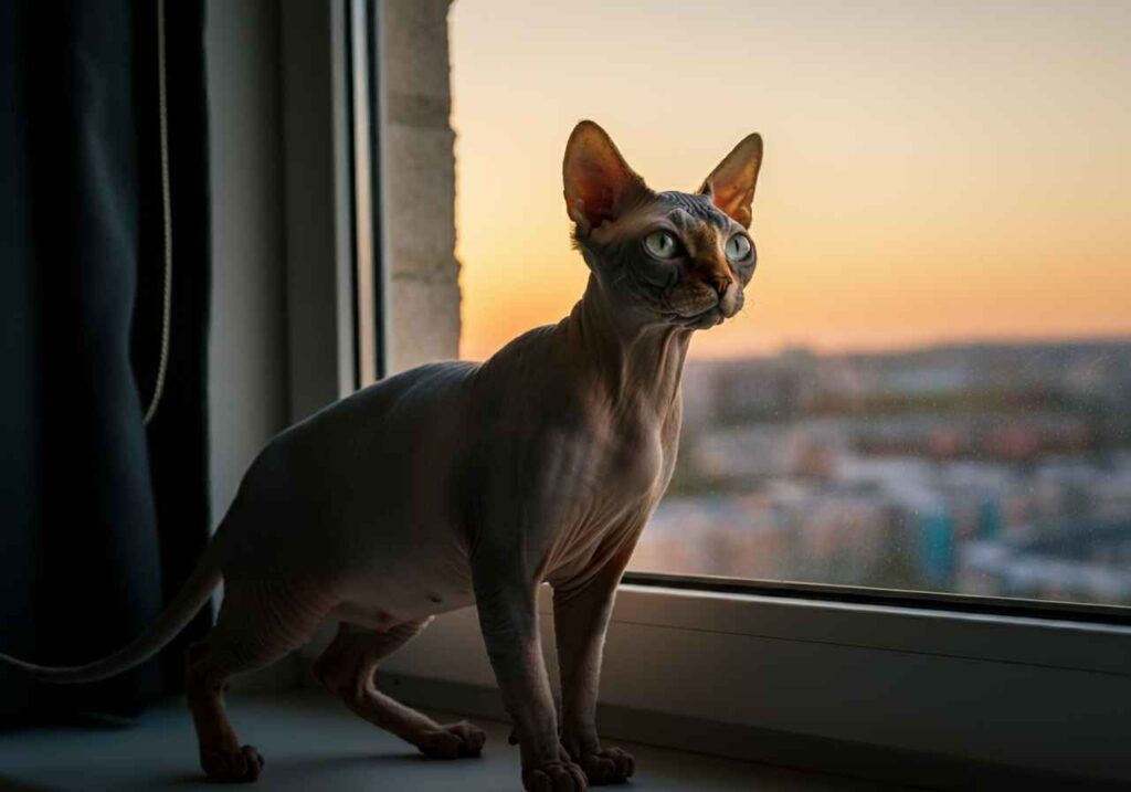 Sphynx canadiense 9 Gato canadiense Sphynx mirando el atardecer desde una ventana.
