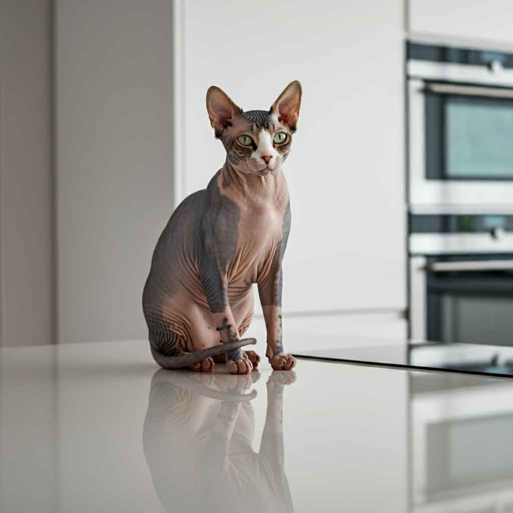 Sphynx canadiense 5 Gato canadiense Sphynx sentado en una superficie blanca en una cocina moderna.