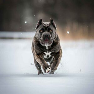 Cane Corso corriendo a gran velocidad sobre la nieve.