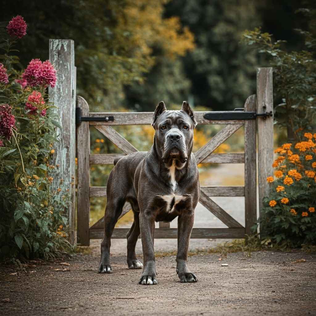 Cane Corso de pie frente a una puerta de madera en un jardín lleno de flores.
