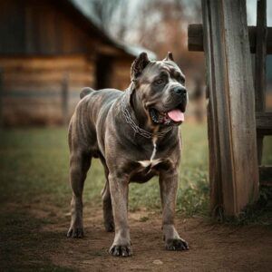 Perro Cane Corso adulto de pie en un terreno rural, en posición de guardia.