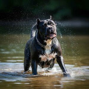 Cane Corso sacudiéndose el agua tras jugar en un lago.