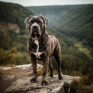 Cane Corso de pie sobre una roca en un paisaje montañoso.