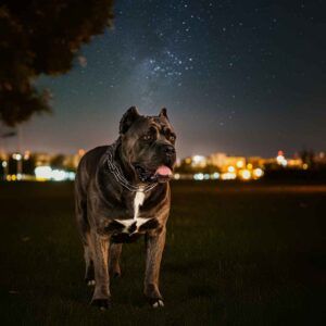 Cane Corso de pie bajo un cielo estrellado en un parque.