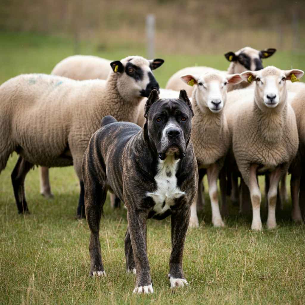 Cane Corso de pie junto a un grupo de ovejas, en un entorno de pastoreo.
