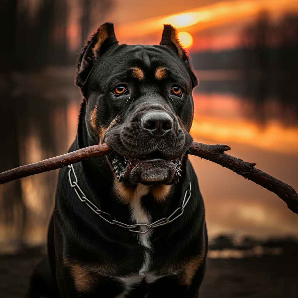 Cane Corso sosteniendo una rama en la boca, con un atardecer de fondo.