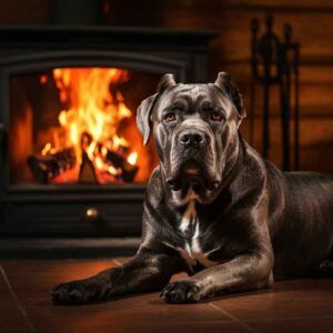 Perro Cane Corso tumbado frente a una chimenea encendida en el hogar.