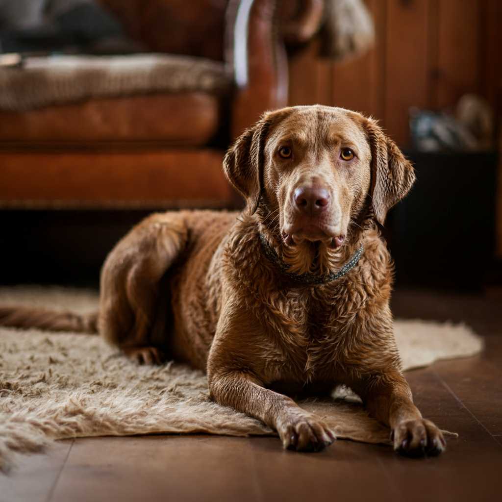 Chesapeake Bay Retriever acostado en un piso de madera, con una expresión relajada.
