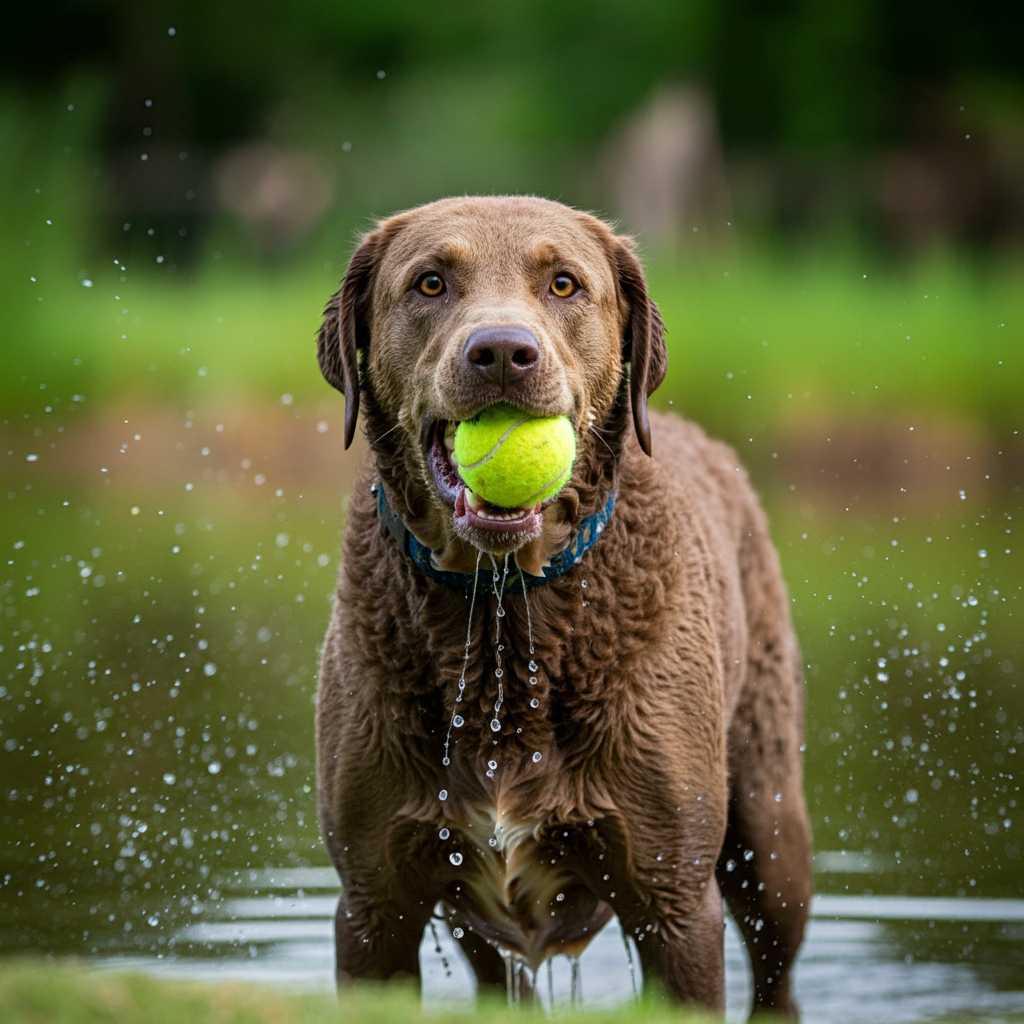 Chesapeake Bay Retriever sosteniendo una pelota amarilla en la boca, rodeado de agua.
