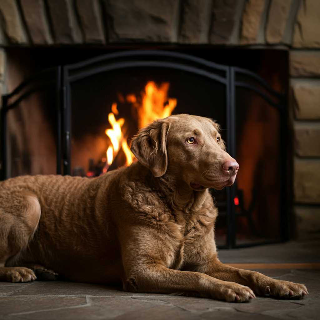 Chesapeake Bay Retriever descansando frente a una chimenea encendida.