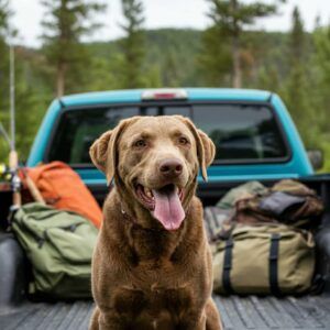 Chesapeake Bay Retriever sentado en la parte trasera de una camioneta, rodeado de equipo de aventura.