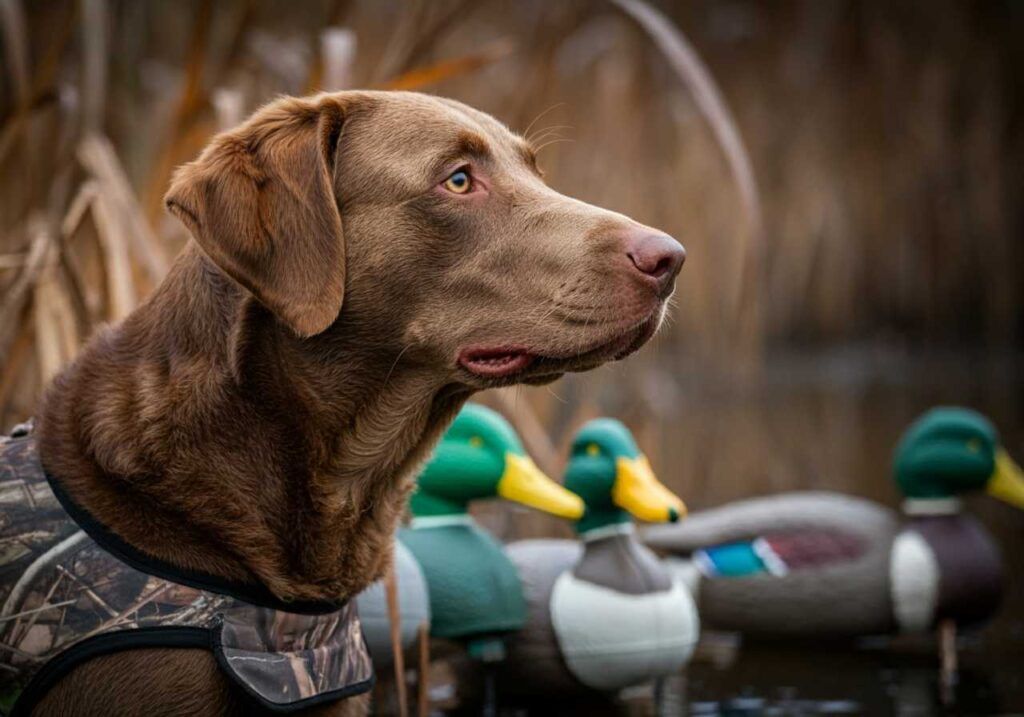 Chesapeake Bay Retriever con chaleco camuflado rodeado de señuelos de patos.
