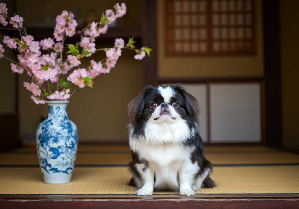 Chin Japonés 3 Chin Japonés sentado junto a un jarrón con flores de cerezo.