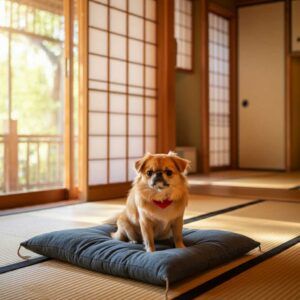 Chin Japonés 5 Chin Japonés sentado en un cojín sobre un tatami en una habitación tradicional japonesa.