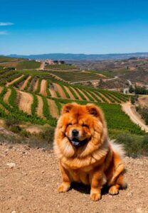 Chow Chow 5 Chow Chow sentado en un viñedo con paisajes de fondo.