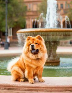 Chow Chow 2 Chow Chow sentado junto a una fuente en una plaza.