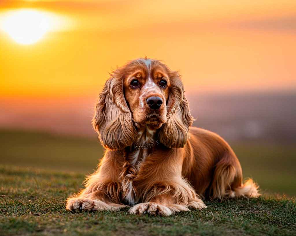 Cocker Spaniel Inglés 10 Cocker Spaniel inglés recostado al atardecer.