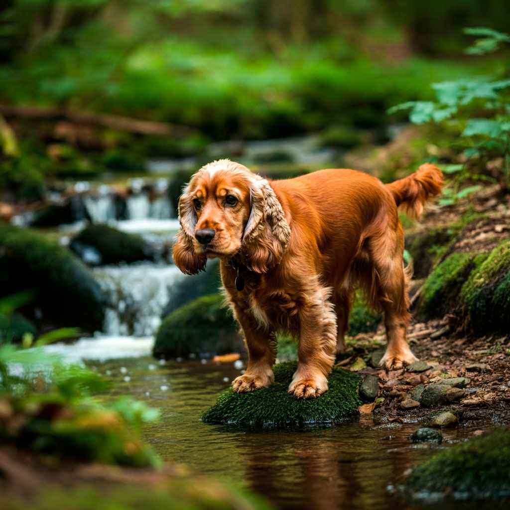Cocker Spaniel Inglés 7 Cocker Spaniel inglés explorando un arroyo en el bosque.