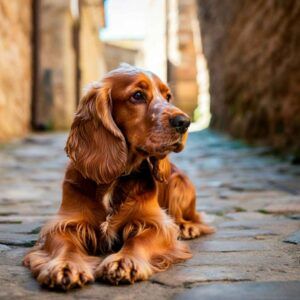Cocker Spaniel Inglés 11 Cocker Spaniel inglés descansando en una calle adoquinada.